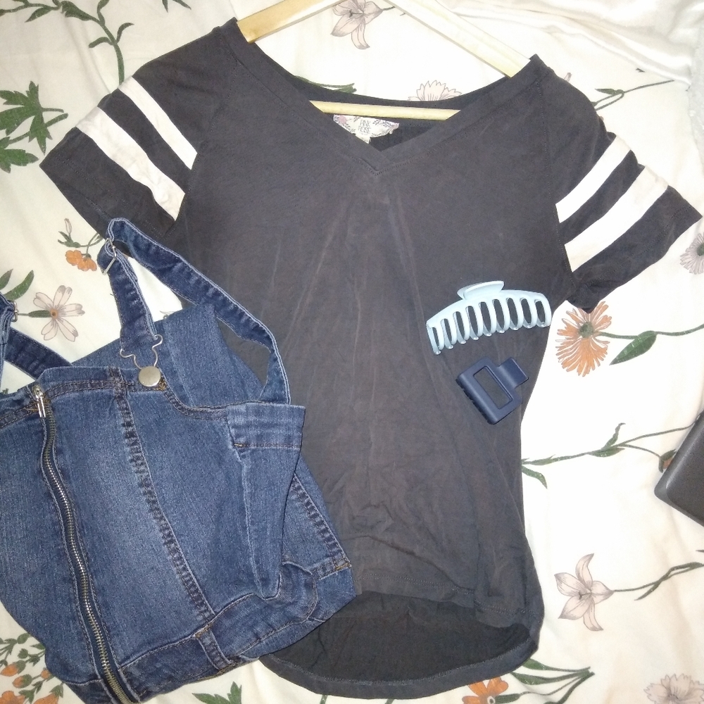 Dark Gray V Neck Shirt With White Stripes